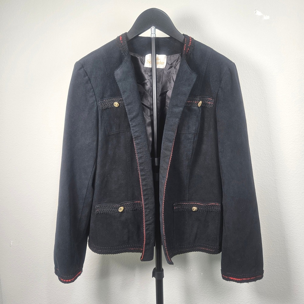 Abe Schrader Blazer Womens Black Faux Suede Red Braided Trim Vintage Union Made